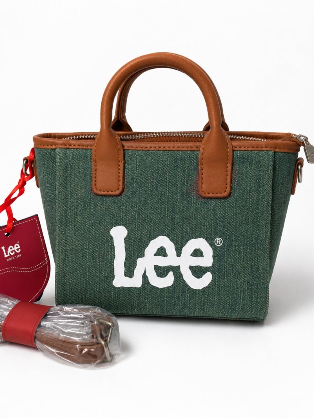 Lee Mini Denim Tote Bag Crossbody Green Canvas Brown Faux Leather NWT